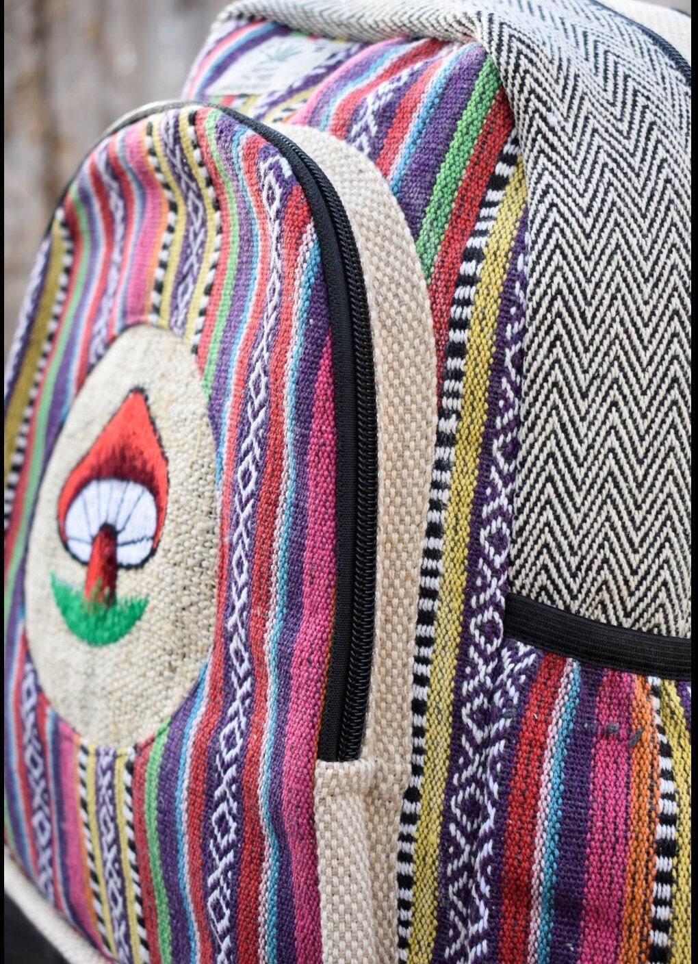 Namaste bohemian mushroom embroidery fashionable unisex multicolor natural gheri with handmade organic vegan eco-friendly backpack.