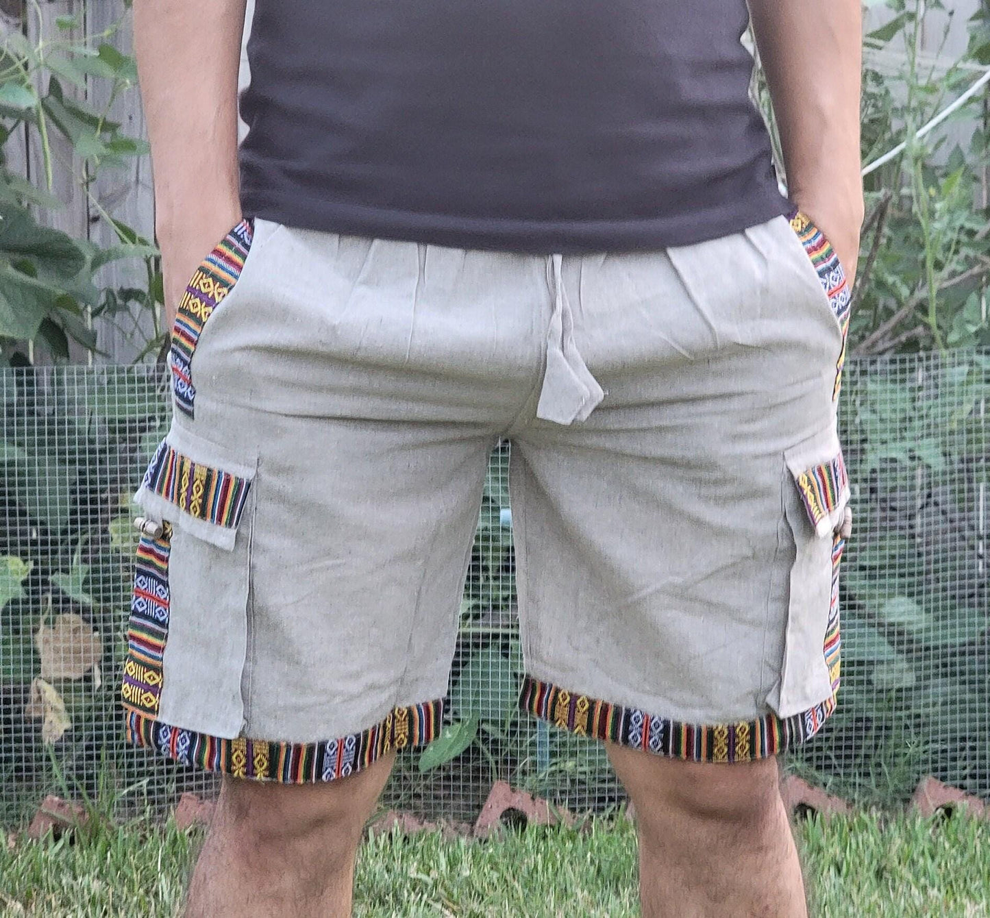 Bohemian handmade cotton unisex elastic cargo shorts