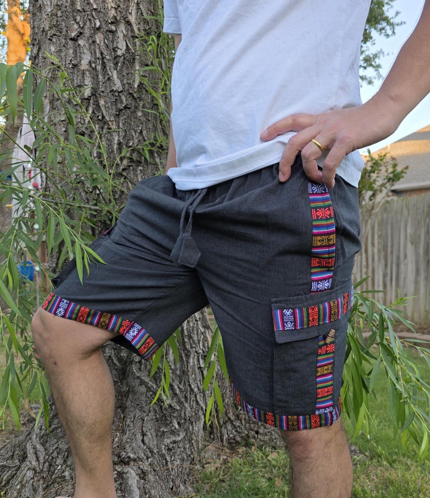 Bohemian handmade cotton unisex elastic cargo shorts