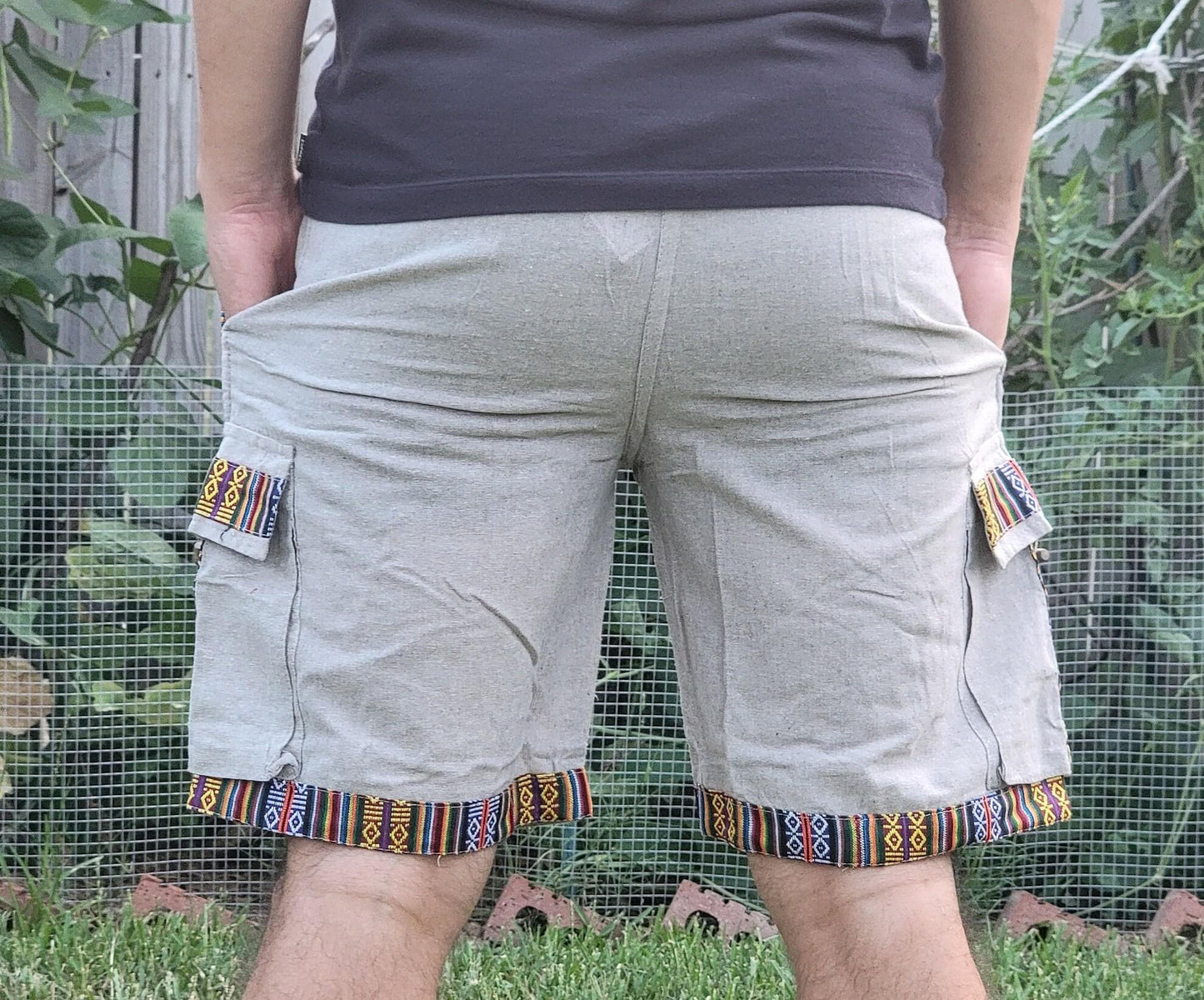 Bohemian handmade cotton unisex elastic cargo shorts