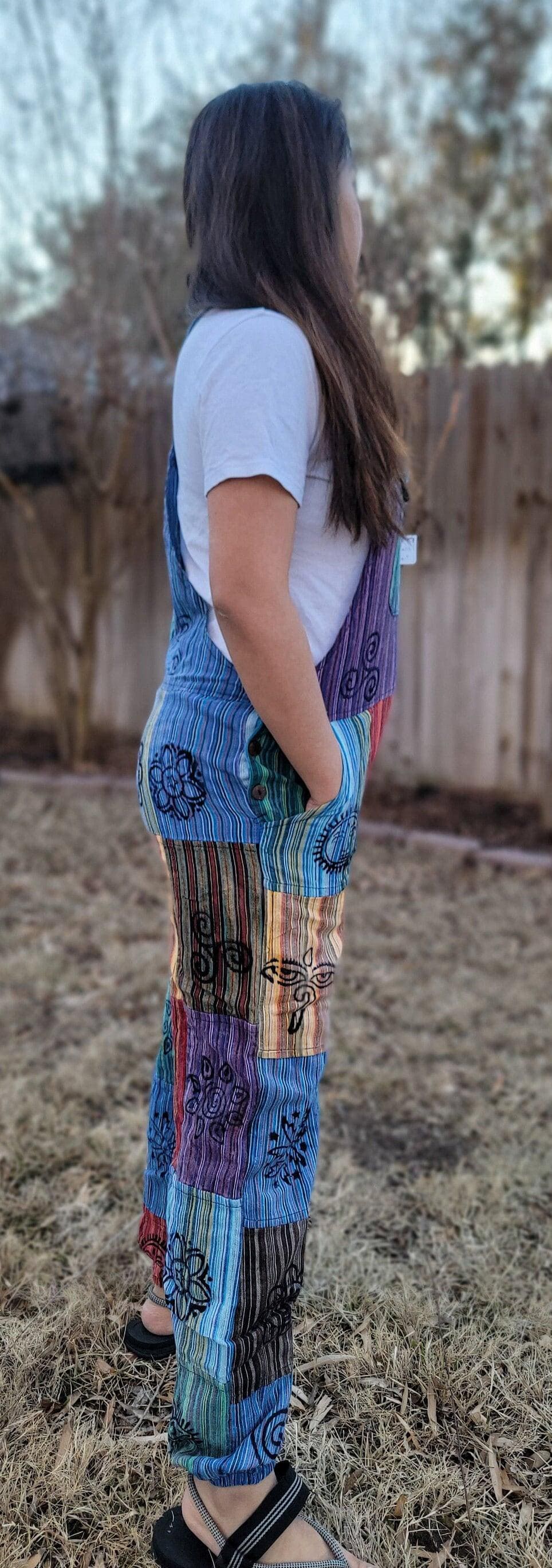 Namaste fashionable unisex multicolor stonewashed handmade hippie patchwork durable non acidic hippie cotton jumpsuit dungarees