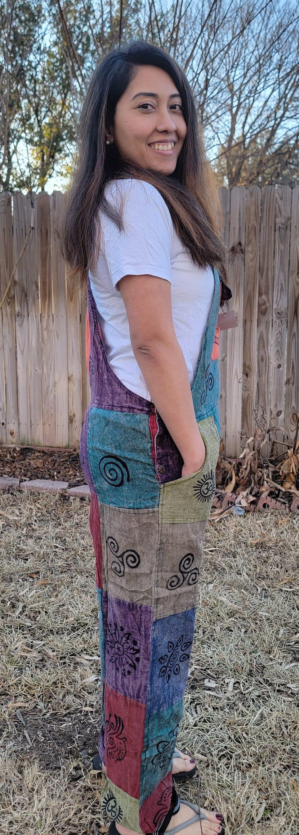 Namaste fashionable unisex multicolor stonewashed handmade hippie patchwork durable non acidic hippie cotton jumpsuit dungarees