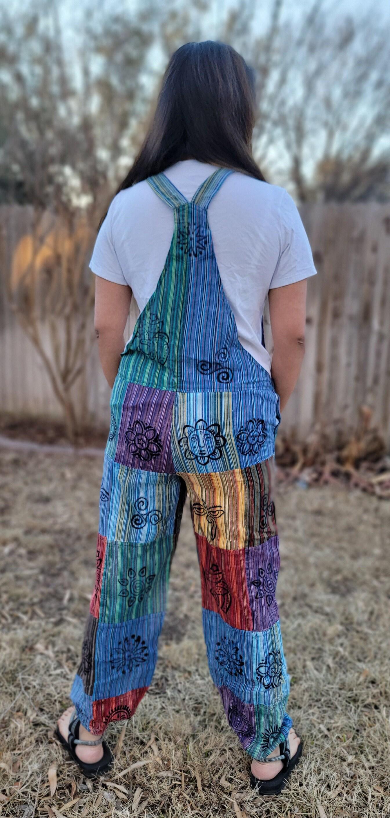 Namaste fashionable unisex multicolor stonewashed handmade hippie patchwork durable non acidic hippie cotton jumpsuit dungarees