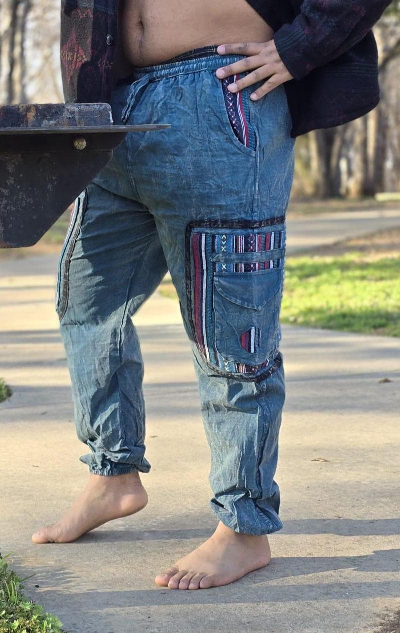 Namaste boho reggae unisex multicolor handmade hippie baby blue non acidic stonewashed dyed cotton harem pants yoga cargo trouser