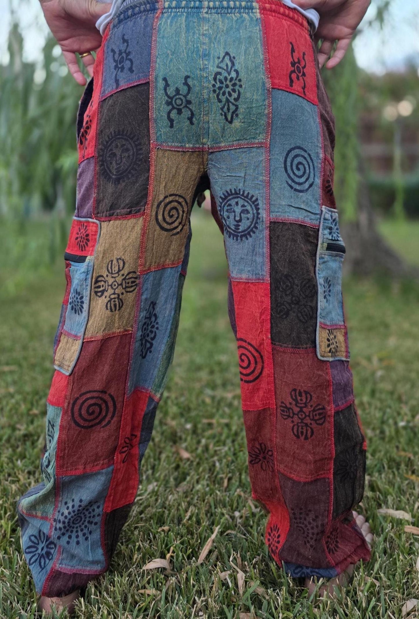 Namaste fashionable unisex multicolor handmade hippie patchwork non acidic dyed cotton boho comfy festival stonewashed yoga pants trouser