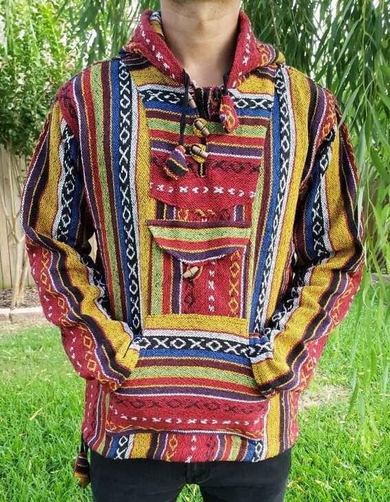 Namaste yellow hippie unisex puncho retro multicolored baja nepalese pullover limited edition handmade fashionable gheri warm pullover