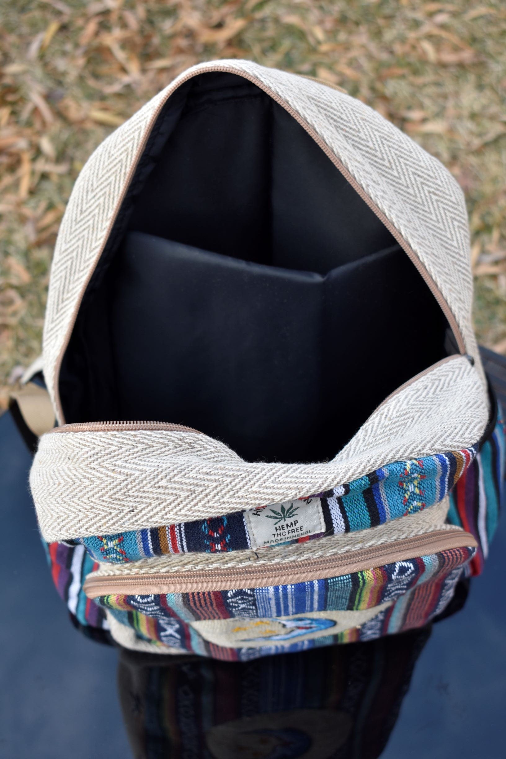 Namaste Blue with blue embroidery Fashionable Unisex Multicolor Natural Gheri with Handmade Organic Vegan Eco-Friendly Backpack.