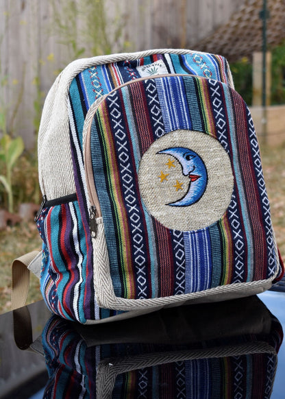 Namaste Blue with blue embroidery Fashionable Unisex Multicolor Natural Gheri with Handmade Organic Vegan Eco-Friendly Backpack.