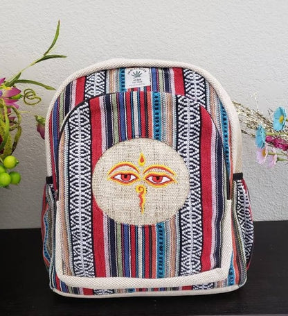 Namaste Colorful Buddha Bless Eye Embroidery Natural Unisex Handmade Organic Eco Friendly Backpack