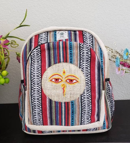 Namaste Colorful Buddha Bless Eye Embroidery Natural Unisex Handmade Organic Eco Friendly Backpack
