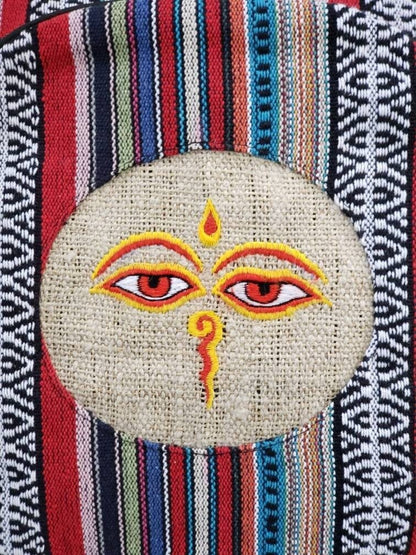 Namaste Colorful Buddha Bless Eye Embroidery Natural Unisex Handmade Organic Eco Friendly Backpack