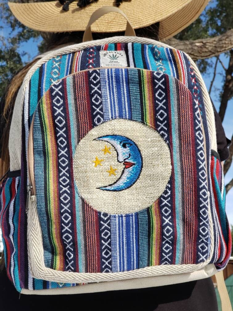 Namaste Blue with blue embroidery Fashionable Unisex Multicolor Natural Gheri with Handmade Organic Vegan Eco-Friendly Backpack.
