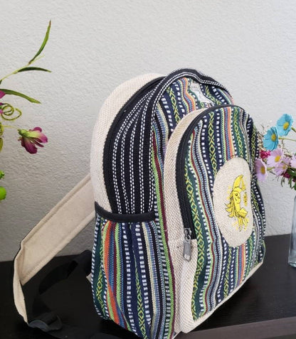 Namaste Colorful Sun Moon Embroidery Natural Unisex Handmade Organic Eco Friendly Backpack