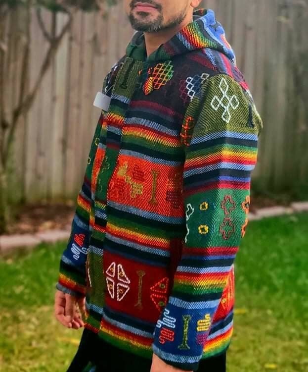 Aztec Styled Handmade Fleece Lined Winter/ Autumn/spring Unisex Colorful Vibrant Organic Woolen Double Layered Jacket.