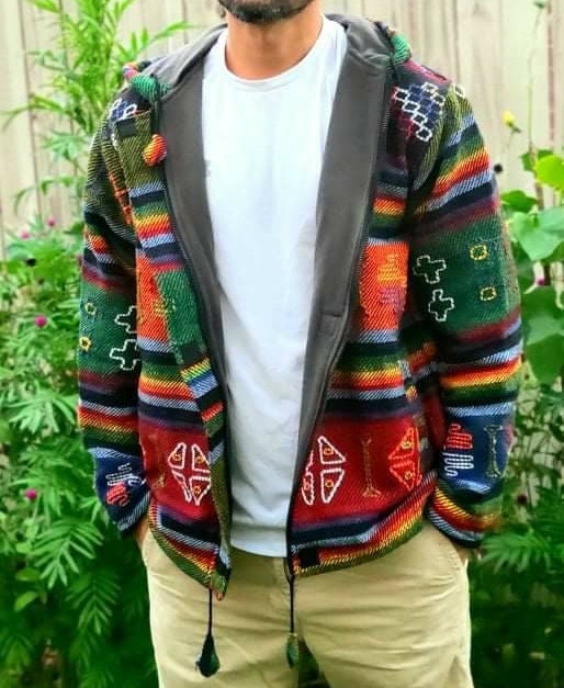 Aztec Styled Handmade Fleece Lined Winter/ Autumn/spring Unisex Colorful Vibrant Organic Woolen Double Layered Jacket.