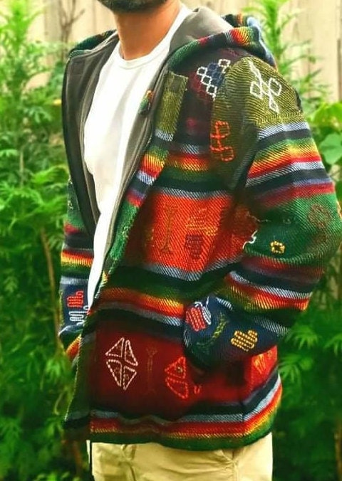 Aztec Styled Handmade Fleece Lined Winter/ Autumn/spring Unisex Colorful Vibrant Organic Woolen Double Layered Jacket.