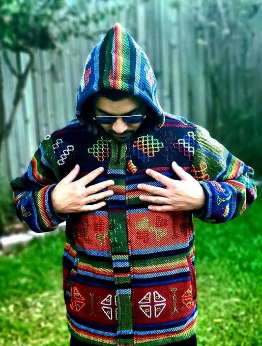 Aztec Styled Handmade Fleece Lined Winter/ Autumn/spring Unisex Colorful Vibrant Organic Woolen Double Layered Jacket.