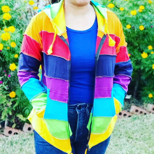 Namaste Printed Women's Fashionable Multicolor Stripped Rainbow Hippie Cotton Hoodie Handmade Jacket