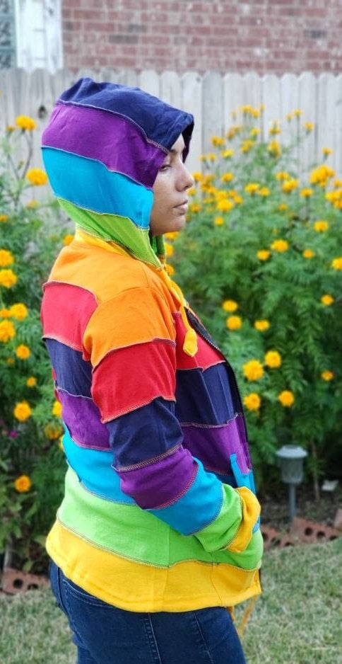 Namaste Printed Women's Fashionable Multicolor Stripped Rainbow Hippie Cotton Hoodie Handmade Jacket