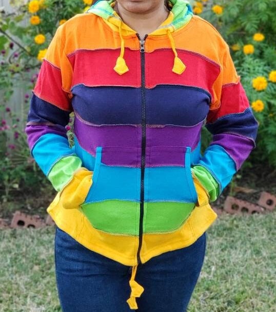 Namaste Printed Women's Fashionable Multicolor Stripped Rainbow Hippie Cotton Hoodie Handmade Jacket