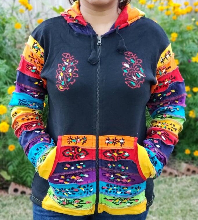 Namaste Women's Fashionable Multicolor Hand Painted Black Pointed Hippie Cotton Hoodie Handmade Jacket