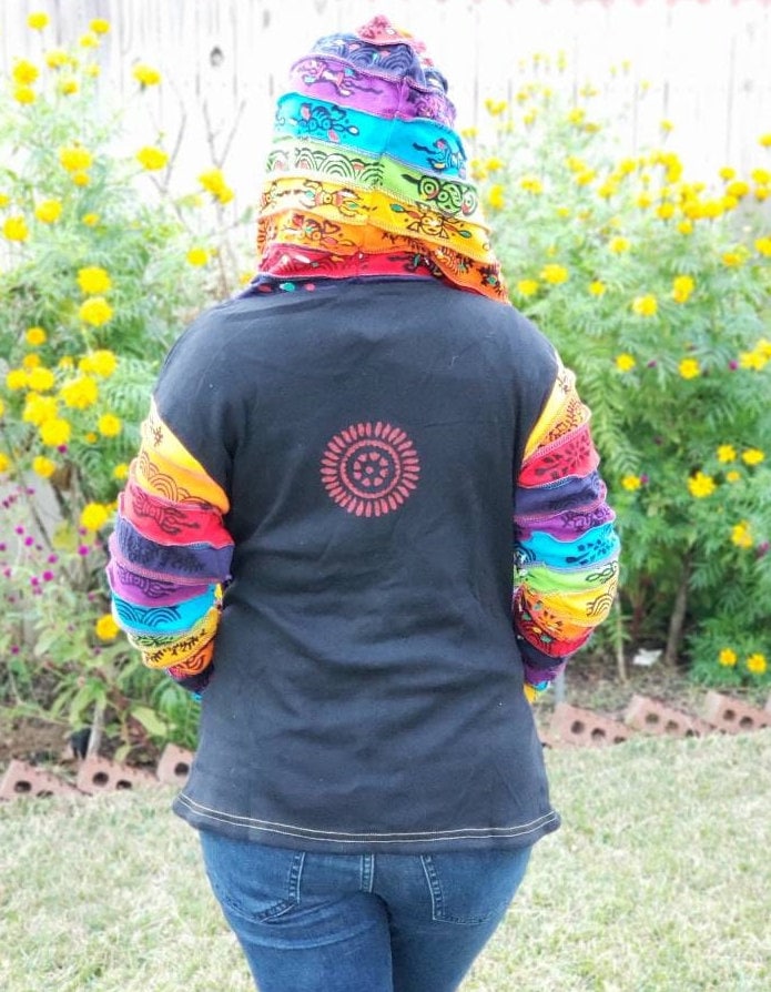 Namaste Women's Fashionable Multicolor Hand Painted Black Pointed Hippie Cotton Hoodie Handmade Jacket