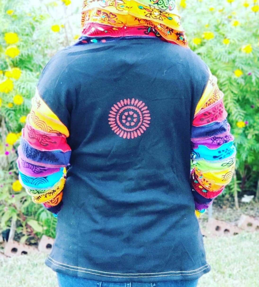 Namaste Women's Fashionable Multicolor Hand Painted Black Pointed Hippie Cotton Hoodie Handmade Jacket