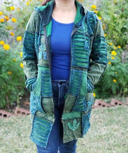 Namaste Handmade Women's Solid Green and Blue Cutting Themed Flower Stonewashed Fleece lined and non-fleece lined Long Hippie Cotton Jacket.