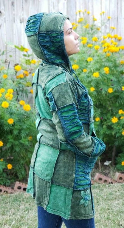 Namaste Handmade Women's Solid Green and Blue Cutting Themed Flower Stonewashed Fleece lined and non-fleece lined Long Hippie Cotton Jacket.