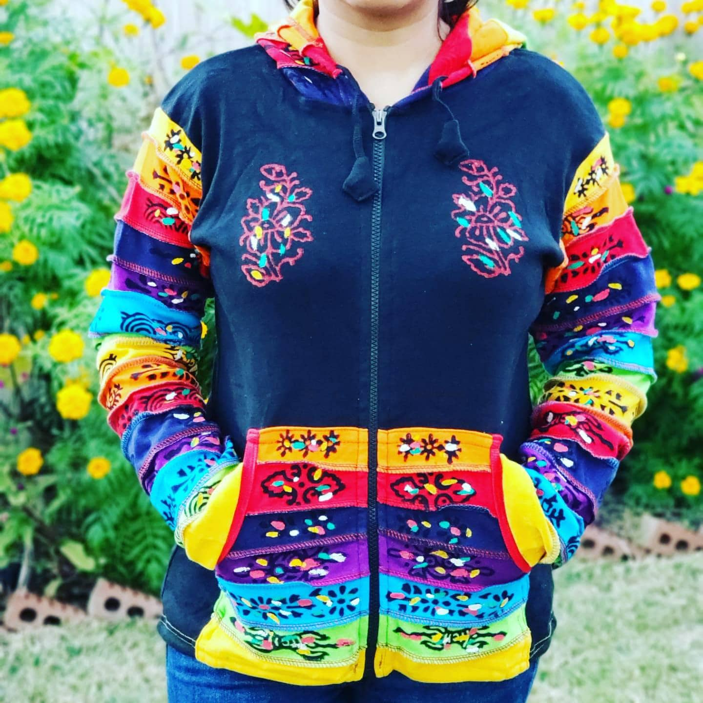 Namaste Women's Fashionable Multicolor Hand Painted Black Pointed Hippie Cotton Hoodie Handmade Jacket