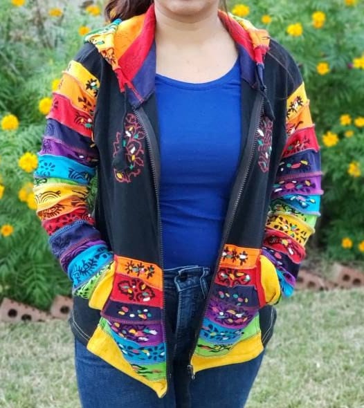 Namaste Women's Fashionable Multicolor Hand Painted Black Pointed Hippie Cotton Hoodie Handmade Jacket