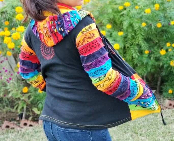 Namaste Women's Fashionable Multicolor Hand Painted Black Pointed Hippie Cotton Hoodie Handmade Jacket