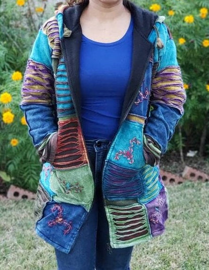 Namaste Printed Women's Fashionable Cutting Design Multicolor Hippie Cotton Hoodie Handmade Jacket