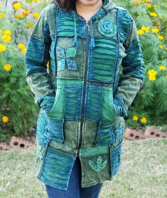 Namaste Handmade Women's Solid Green and Blue Cutting Themed Flower Stonewashed Fleece lined and non-fleece lined Long Hippie Cotton Jacket.