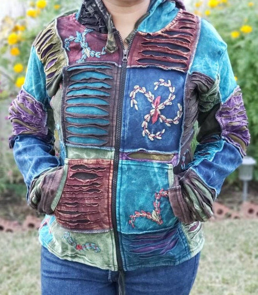 Namaste Printed Women's Fashionable Cutting Design Multicolor Hippie Cotton Hoodie Handmade Jacket