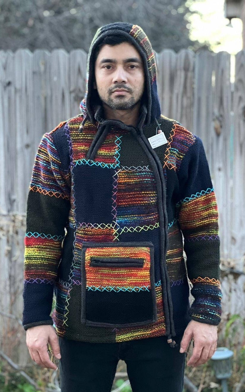 Namaste Handmade Fleece Lined Winter Unisex Thick Colorful Vibrant Natural Warm Pure Woolen Double Layered Jacket.