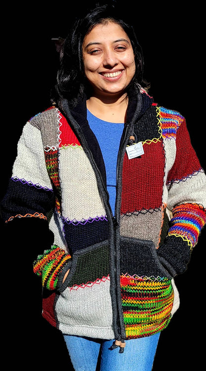 Namaste Handmade Fleece Lined Winter Unisex Thick Natural Patch and Colorful Patch Vibrant Warm Pure Woolen Double Layered Jacket.