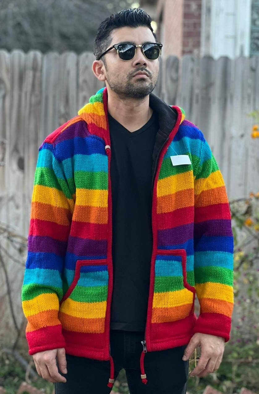 Namaste Handmade Fleece Lined Winter Unisex Thick Festive Rainbow Color Vibrant Warm Pure Woolen Double Layered Jacket.