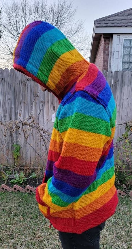 Namaste Handmade Fleece Lined Winter Unisex Thick Festive Rainbow Color Vibrant Warm Pure Woolen Double Layered Jacket.