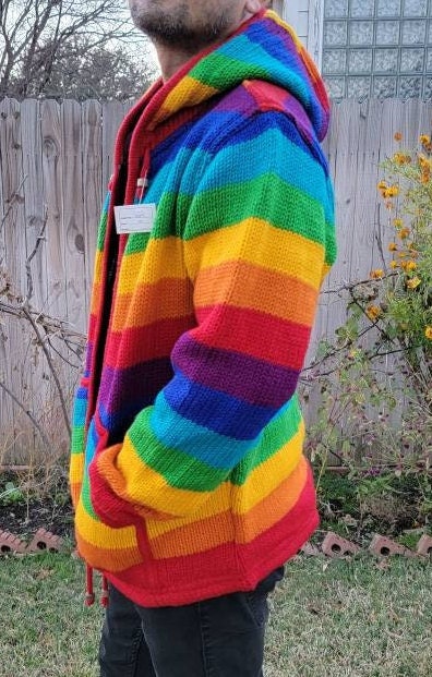 Namaste Handmade Fleece Lined Winter Unisex Thick Festive Rainbow Color Vibrant Warm Pure Woolen Double Layered Jacket.