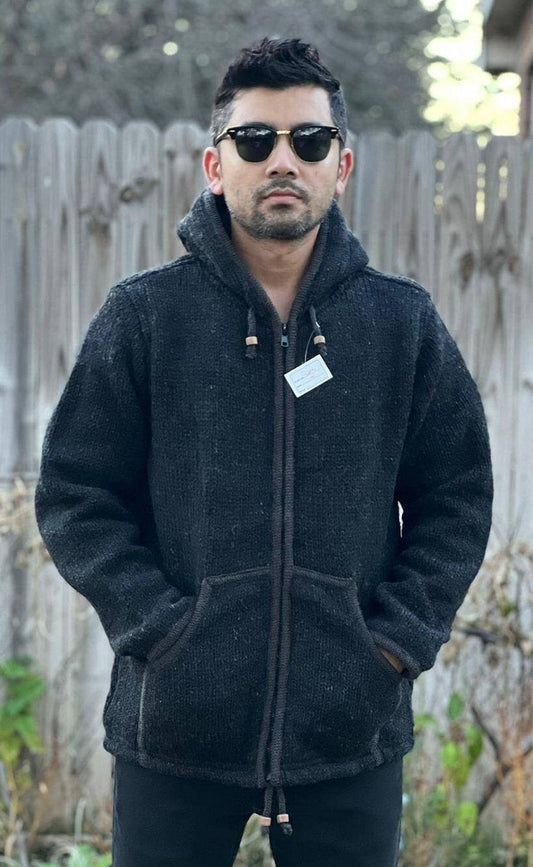 Namaste Handmade Fleece Lined Winter Unisex Thick Charcoal Natural Warm Pure Woolen Double Layered Jacket.