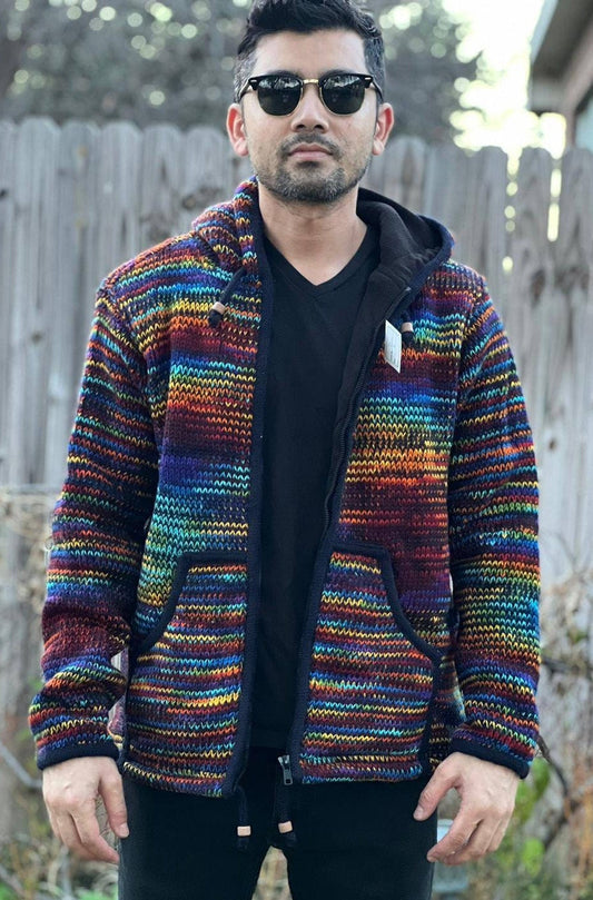 Namaste Handmade Fleece Lined Winter Unisex Thick Festive Color Vibrant Warm Pure Woolen Double Layered Jacket.