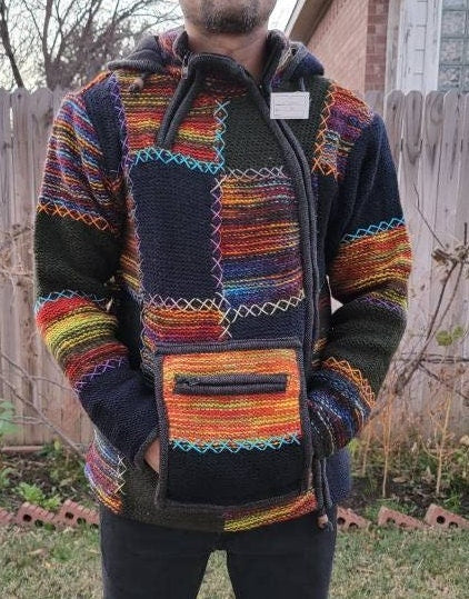 Namaste Handmade Fleece Lined Winter Unisex Thick Colorful Vibrant Natural Warm Pure Woolen Double Layered Jacket.