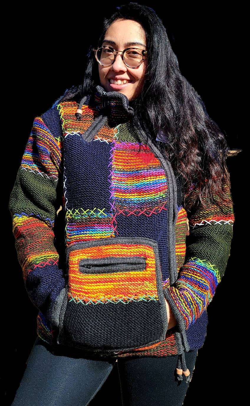 Namaste Handmade Fleece Lined Winter Unisex Thick Colorful Vibrant Natural Warm Pure Woolen Double Layered Jacket.