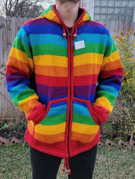 Namaste Handmade Fleece Lined Winter Unisex Thick Festive Rainbow Color Vibrant Warm Pure Woolen Double Layered Jacket.