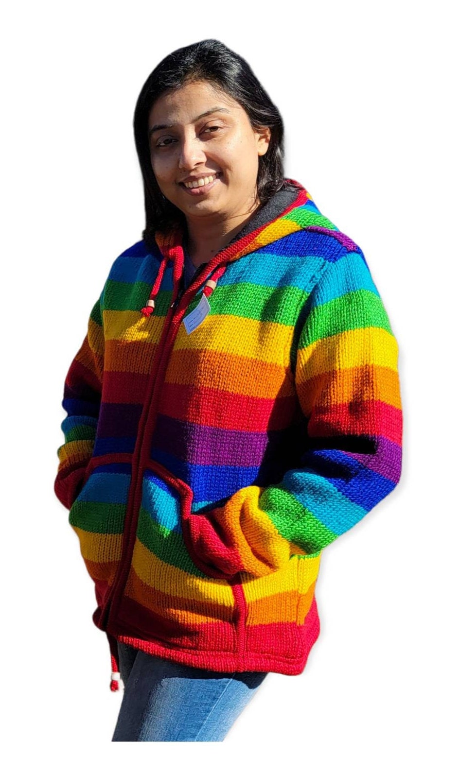 Namaste Handmade Fleece Lined Winter Unisex Thick Festive Rainbow Color Vibrant Warm Pure Woolen Double Layered Jacket.