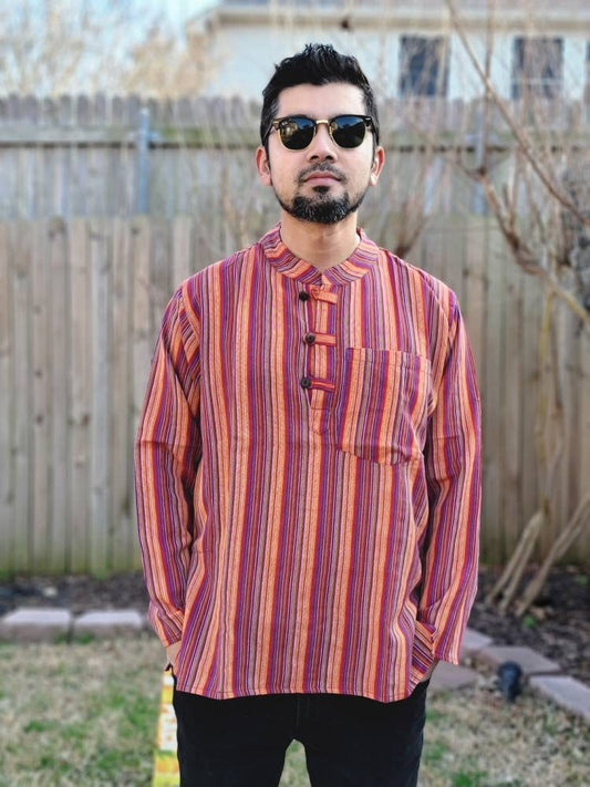 Namaste Holiday Unisex Striped Handmade Nepalese 100 % cotton, Organic Top/Kurta RN.