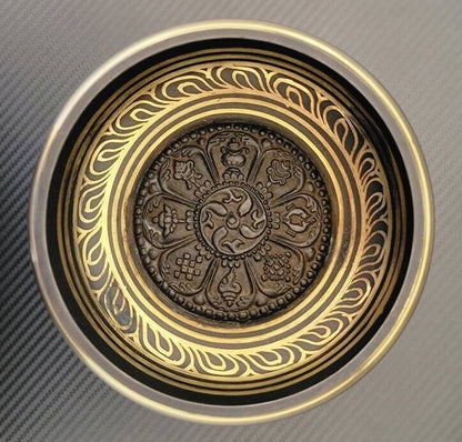 Namaste 6" Buddha Carved Etched and 8 Auspicious signs/ Tashi Tage carved Etched Singing Bowl with Mallet