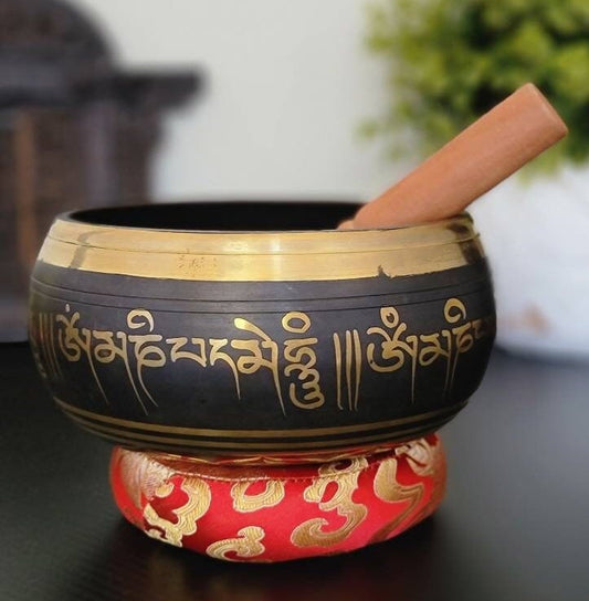 Namaste 6" Buddha Carved Etched and 8 Auspicious signs/ Tashi Tage carved Etched Singing Bowl with Mallet