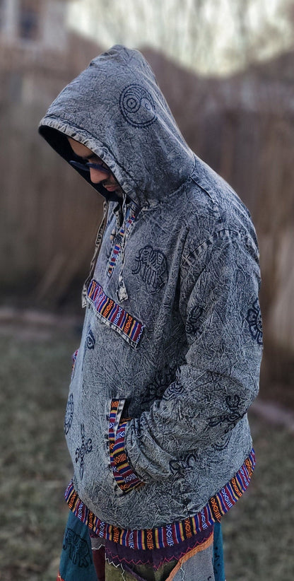 Namaste Hippie Unisex Multicolored Stonewashed Printed Nepalese Art Fleece lined Pullover Limited Edition Handmade Authentic Warm Pullover